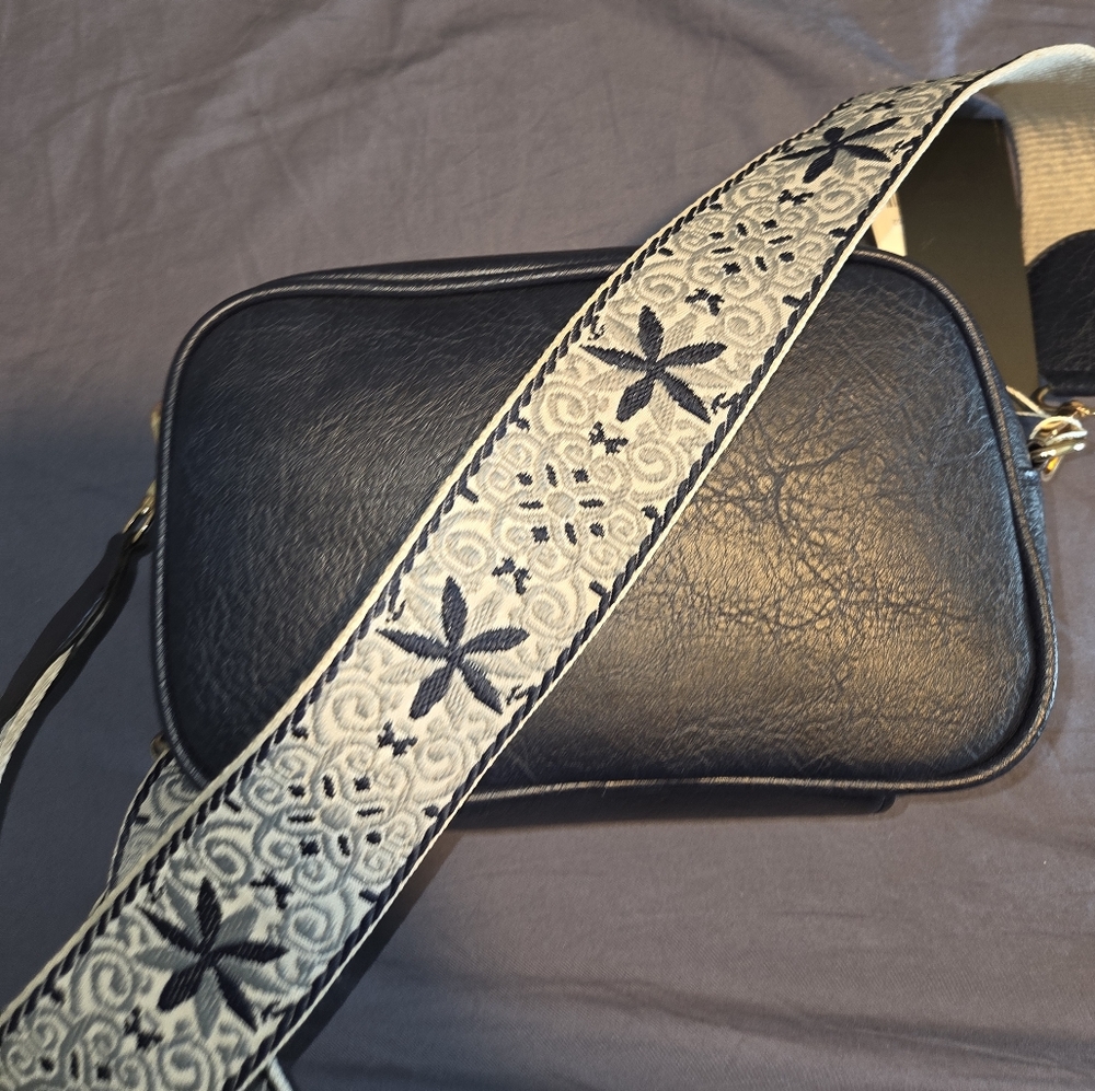 Elegant Navy Crossbody Bag with Embroidered Strap